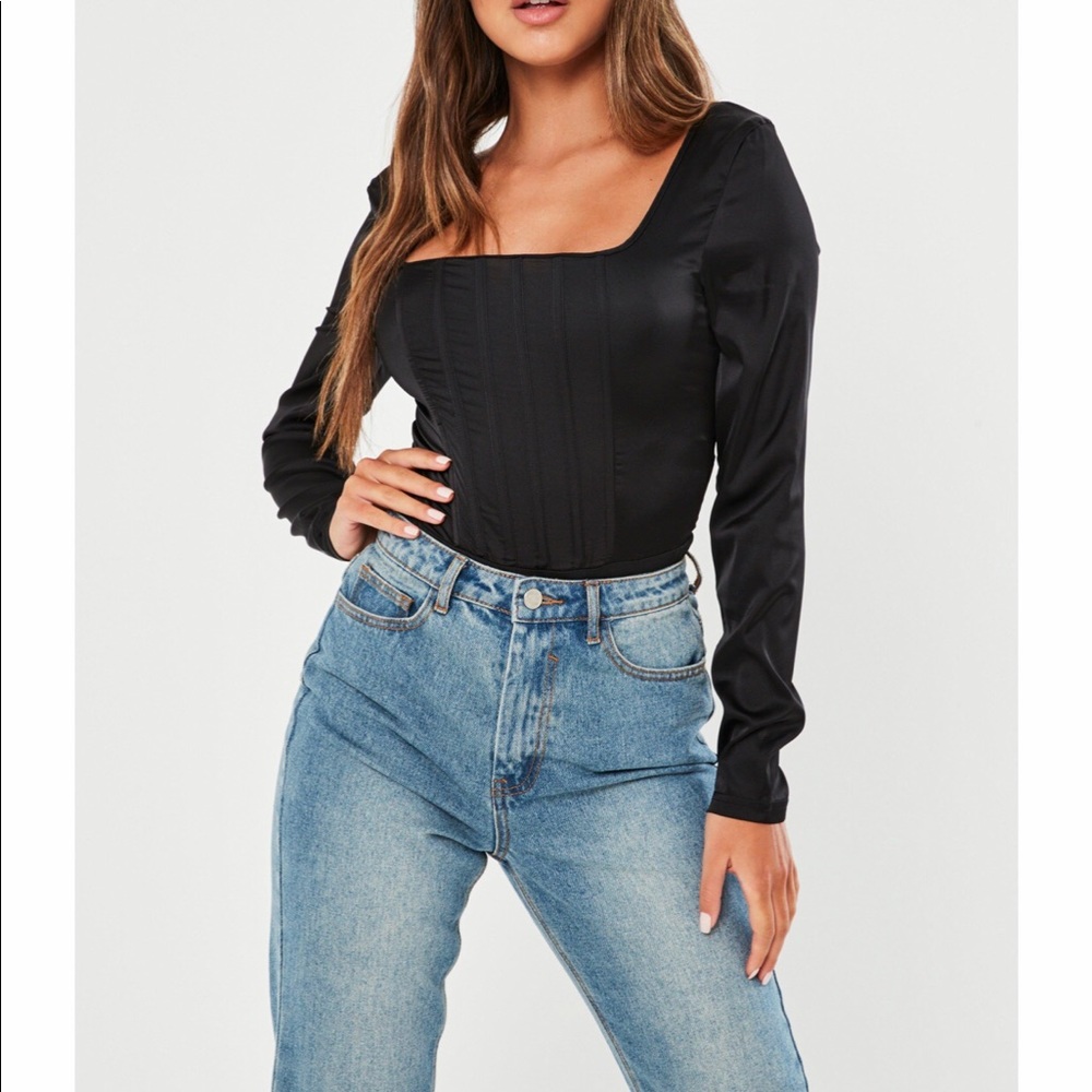 Black long sleeve bodysuit. Sheer sleeves ,corset.